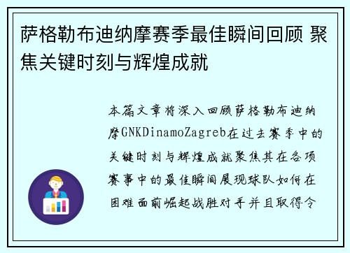 萨格勒布迪纳摩赛季最佳瞬间回顾 聚焦关键时刻与辉煌成就